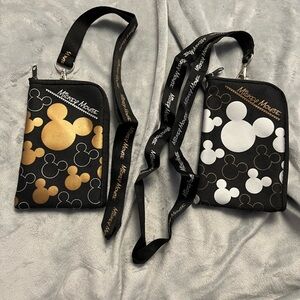 2 Disney Mickey Mouse lanyard with pouch, NWOT gold and silver on black